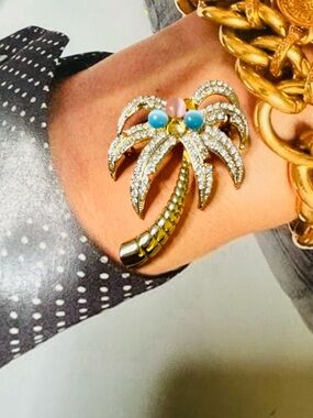 Gold Palm Tree Crystal Brooch with Pink and Turquoise Accents